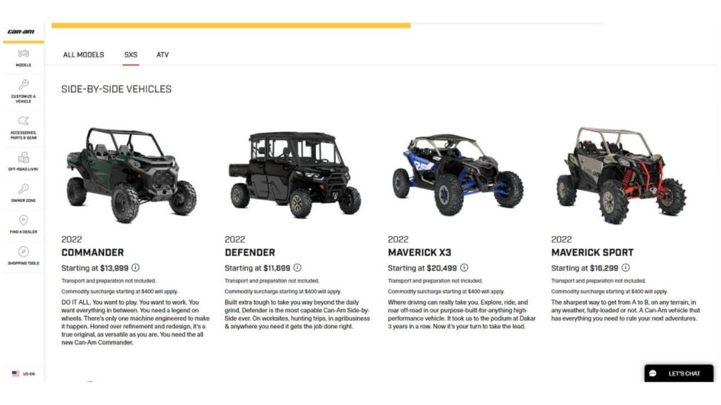 Can Am Side-By-Side 2022 Commander, Defender, Maverick X3, Maverick Sport with their prices